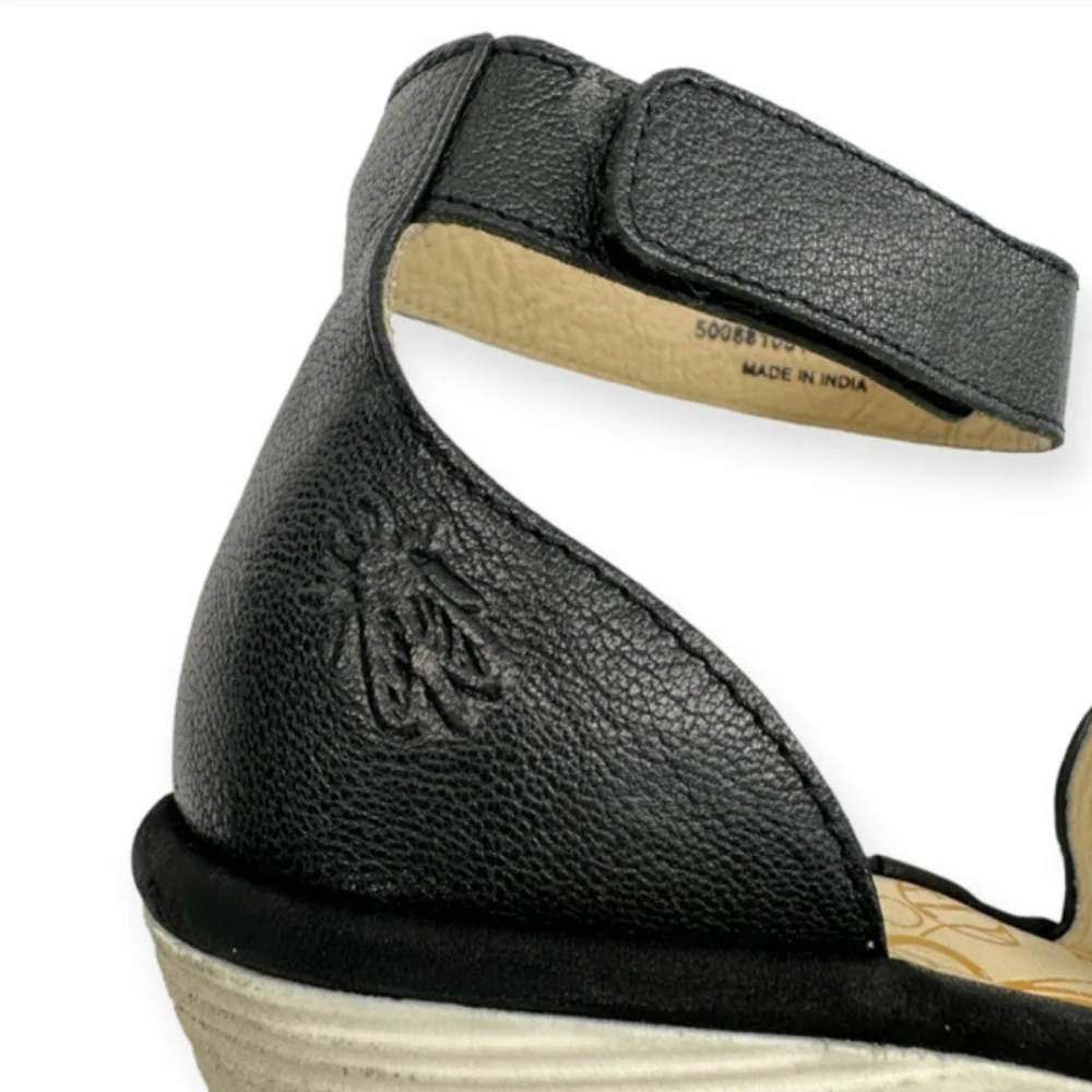 Fly London Yake Perforated Wedge Sandals Black White Women's 39 8-8.5
